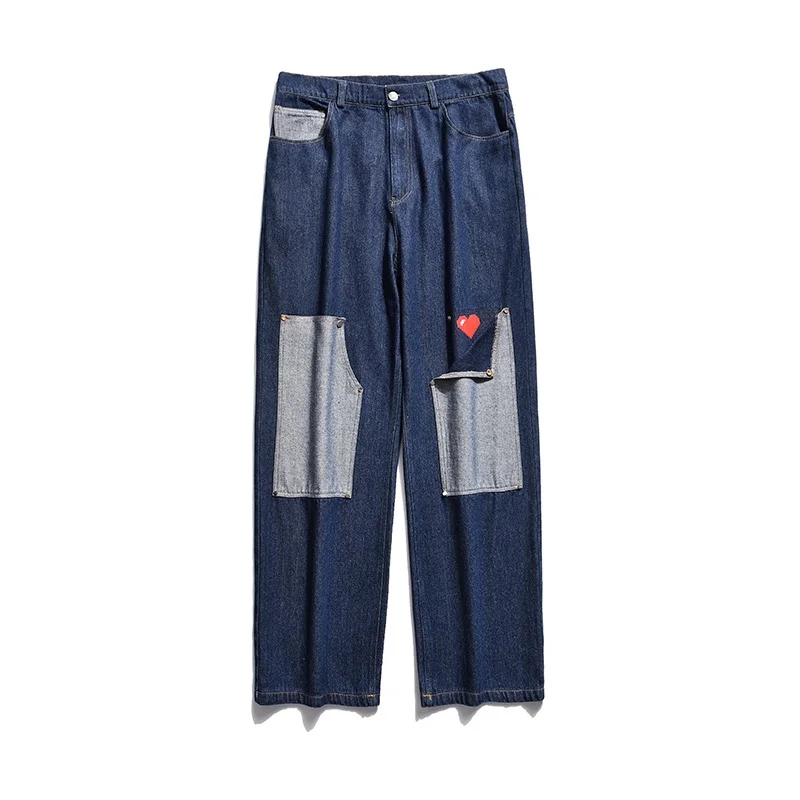 DEEPTOWN Patchwork Cargo Jeans for Men Denim Pants Male Japanese Streetwear Oversize Straight Trousers Loose Casual Heart Spring