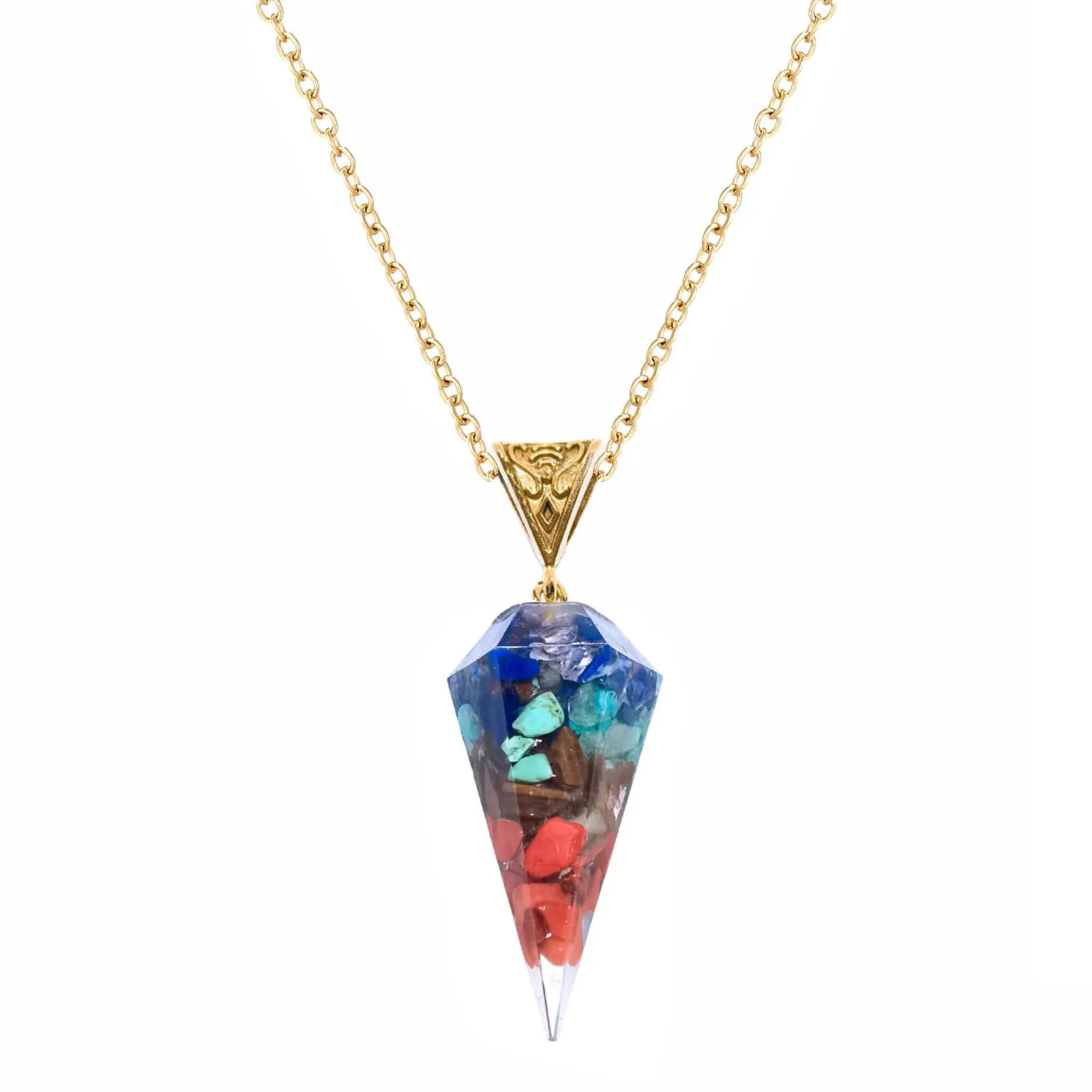 

Reiki 7 Chakra Natural Crystal Gem Crushed Stone Hexagonal Cone Shaped Pendant Neck Chains Trendy Jewelry Resin Charm Necklace