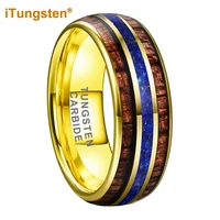 itungsten 8mm gold tungsten carbide ring for men women engagement wedding band blue lapis koa wood inlay domed comfort fit