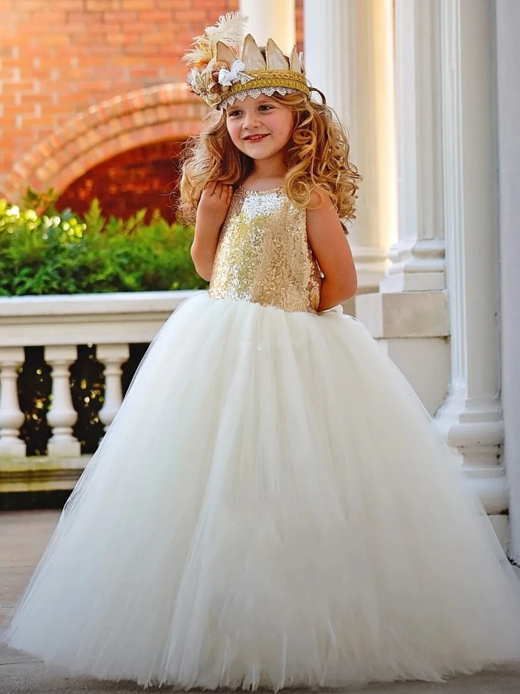 

Flower Girl Dresses White Puffy And Gold Sequined Top With Bow For Birthday Party Formal Pageant First Communion Gowns