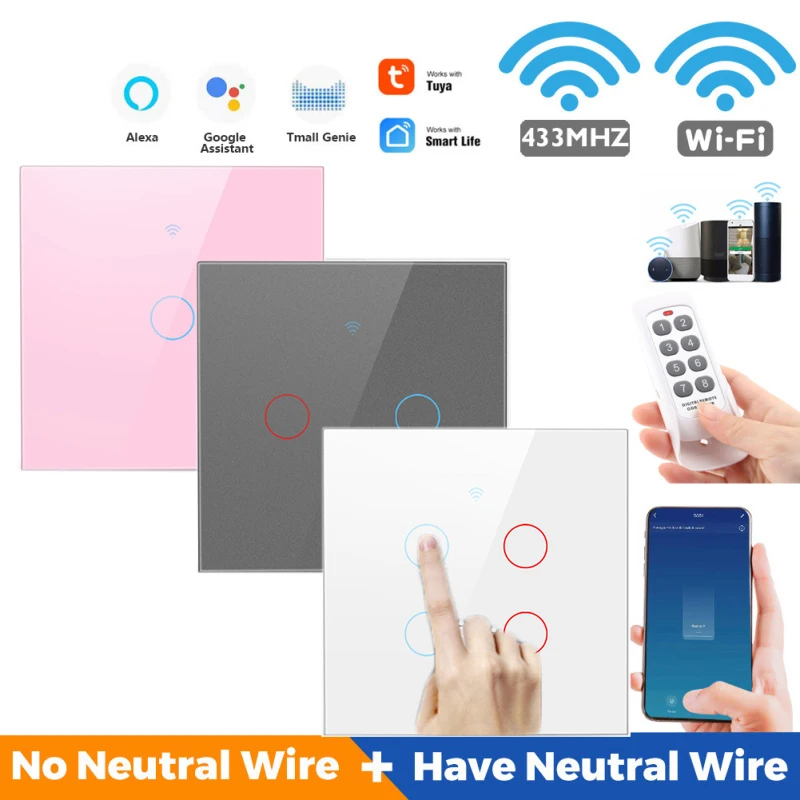 

2023 Tuya Wifi Smart Touch Switch Light Brazil No Neutral Wire 110V 240V 1/2/3/4 Gang RF Remote On Off For Alexa Google Home