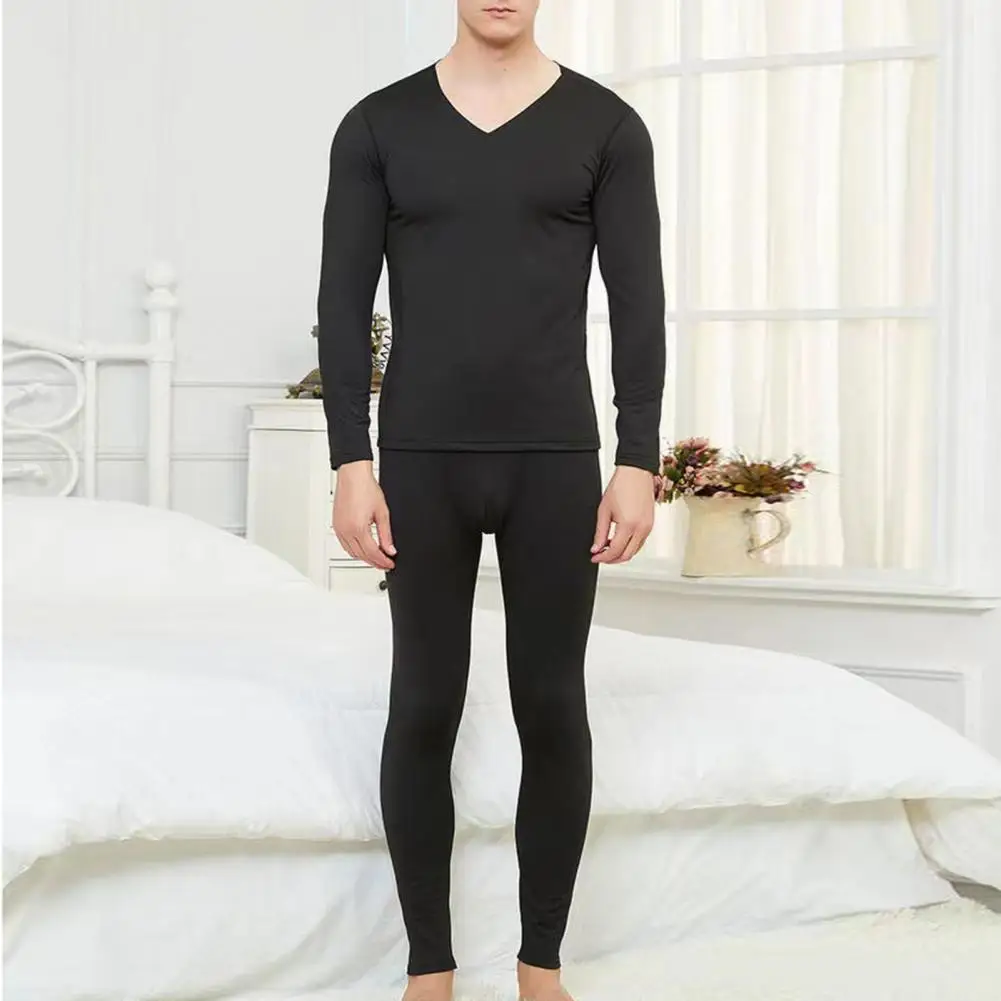 

2 Piece Men's Winter Underwear Pants Set Plus Size V Neck Slim Fit Stretch Fleece Thermal Lounge Wear Pajamas