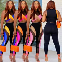 active sports two piece set women party suit sexy mesh crop tank patchwork legging long pants tracksuit street matching outfits