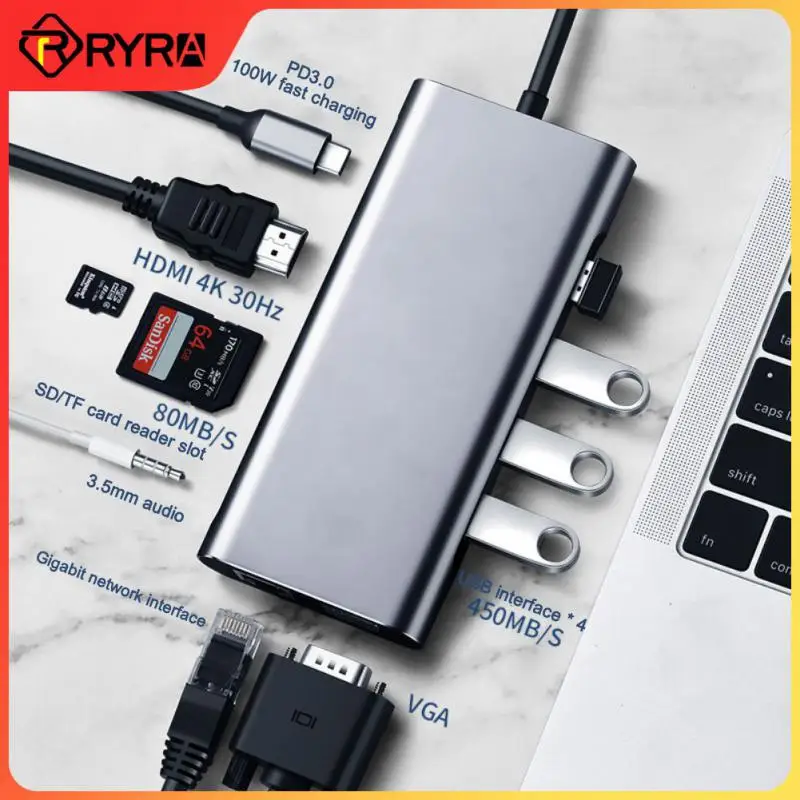 

RYRA 11 In 1 USB3.0 Hub Type-C Docking Station USB-C To HDMI-compatible 100M Network Card VGA PD USB3.0 Hub Computer