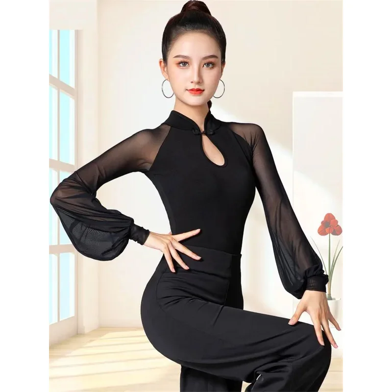 Одежда для латинских танцев комбинезон взрослых сексуальный сетчатый с длинными