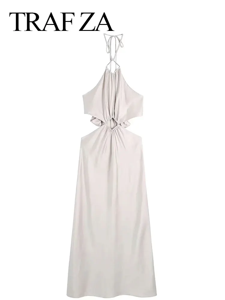 

TRAF ZA New High Fashion Circle Pleated Show Waist Back Slim Halter Tie Long Women Dress Solid Color Elegant Sexy Lady Dress