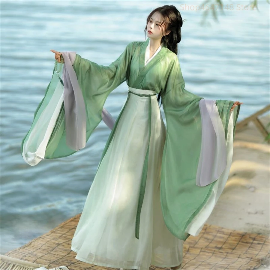 Фото Женская юбка с перекрестным воротником Hanfu, летний костюм в китайском стиле, ярко-зеленая юбка №1
