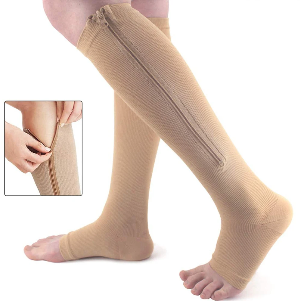 Medias de compresión con cremallera para mujer, medias con punta abierta hasta la rodilla, ajustadas, soporte para piernas, prevención de venas varicosas