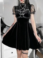 gothic style velvet belt pentagram women grunge dresses lace puff sleeves a line mini dress punk black party club alt outfit new
