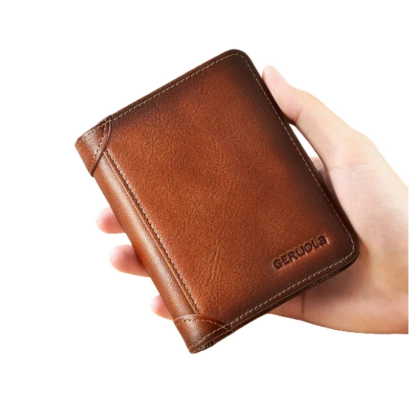 

2023 New Genuine Leather Rfid Protection Wallets for Men Vintage Thin Short Multi Function ID Credit Card Holder Money Bag