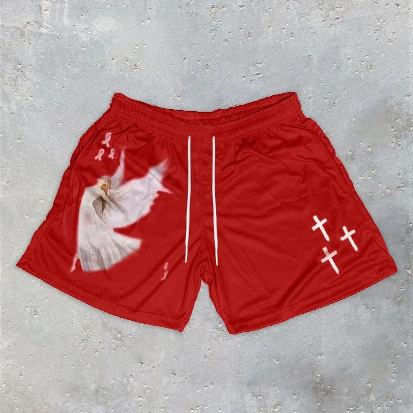 

Mens Running Shorts Training Shorts Angel Cross Print Gym Sports Men Casual Clothing Male Fitness Jogging Y2k Training Shorts