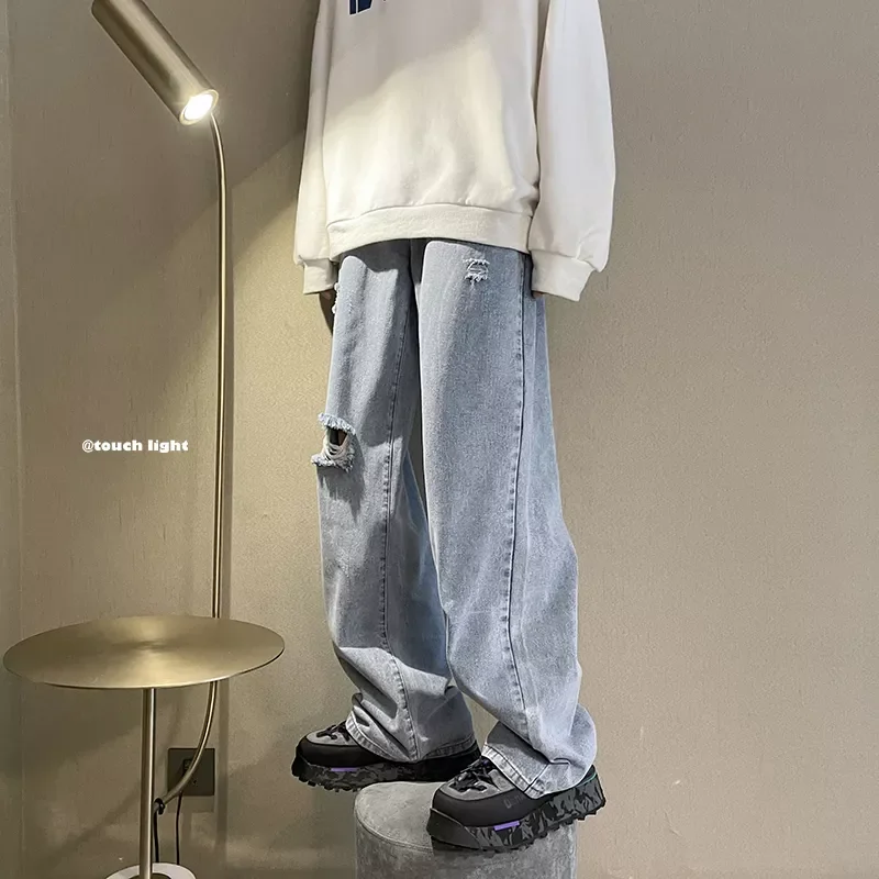 2022New Denim Pant Stretch Destroyed Ripped Design Fashion Hole Straight Jeans For Men Plus Size High Street Biker Jeans