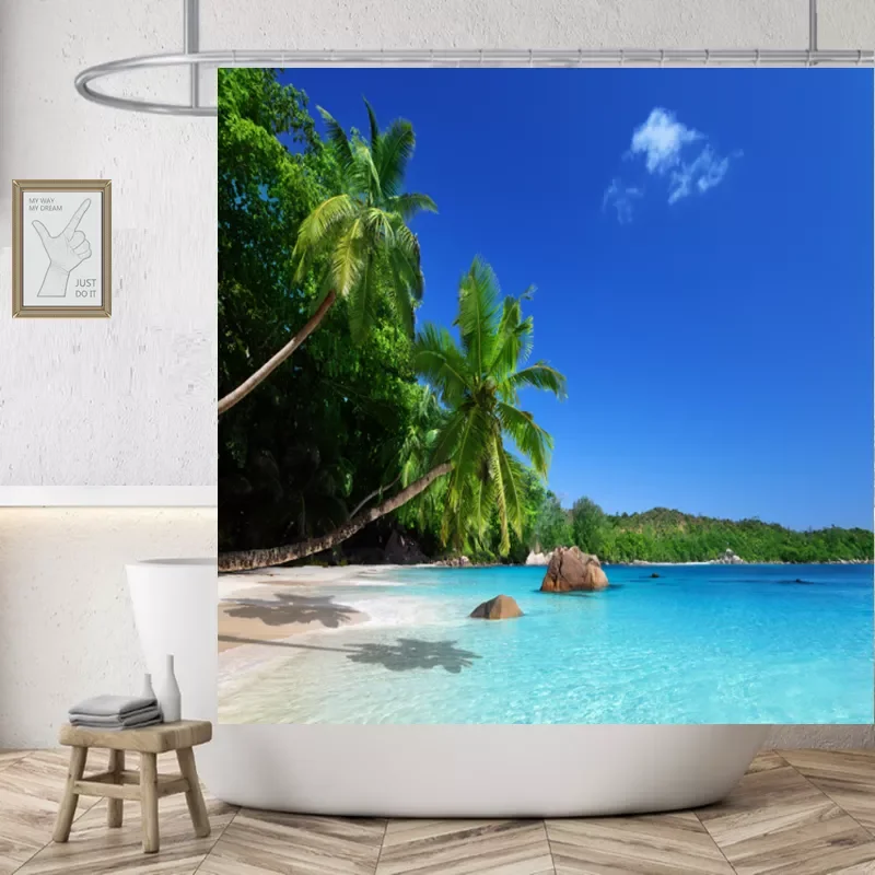 

2023 Beach High Quality Polyester Fabric Waterproof Shower Curtain 3D Washable Home Decor Nordic Style Building Bathroom Curtain