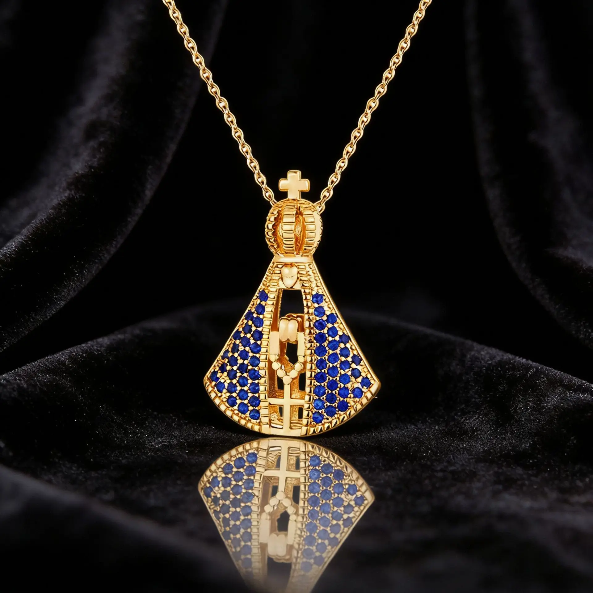 Фото Колье Nossa Senhora Aparecida для женщин с синим камнем, католический кулон, позолота 18К, не тускнеет, подарок №4