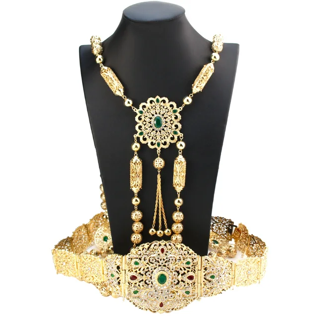 Sunspicems bride dress caftan belt shoulder chain set gold color algeria morocco women wedding jewelry arabic crystal body chain