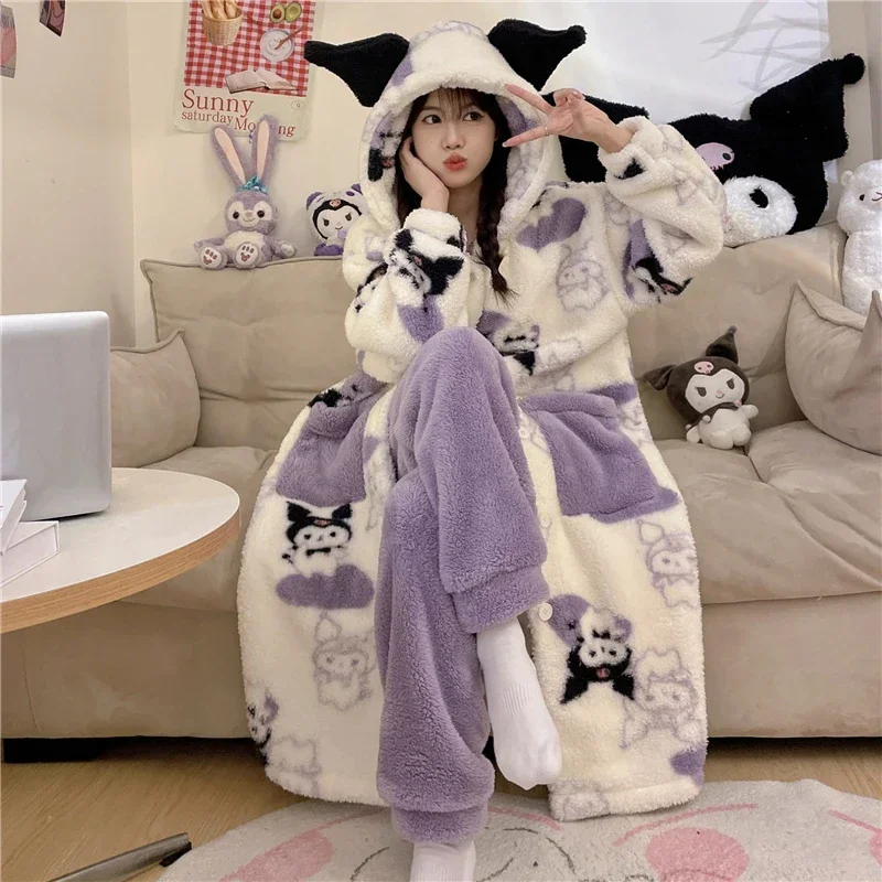 

Anime Sanrio Kuromi Coral Fleece Pajamas Female Winter Cartoon Hooded Pajamas Middle Length Thicken Nightgown Kawaii Nightdress