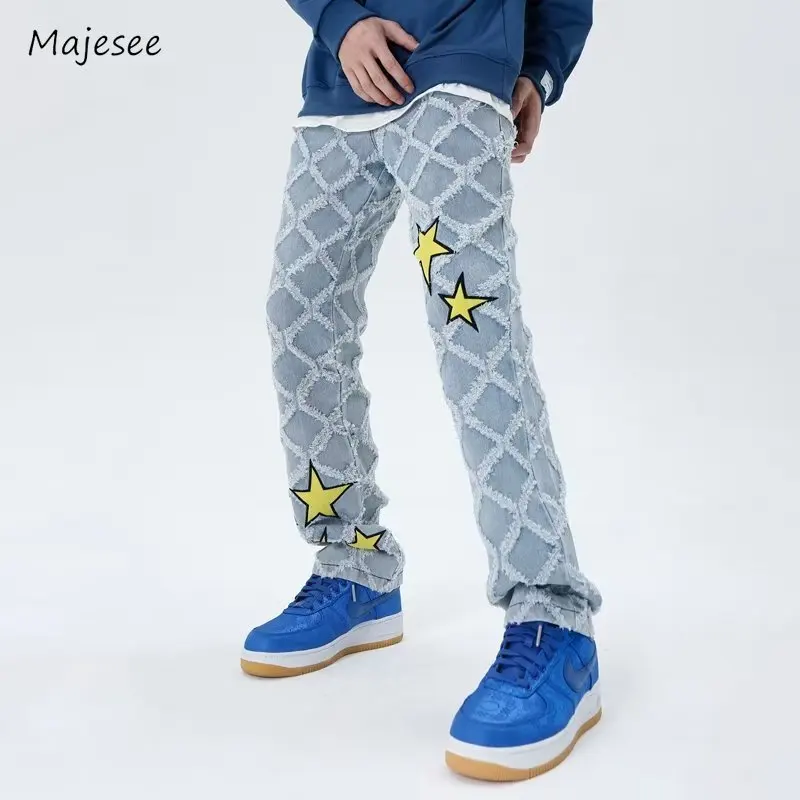 Джинсы мужские уличная мода тонкие весенне-осенние в клетку со звездами