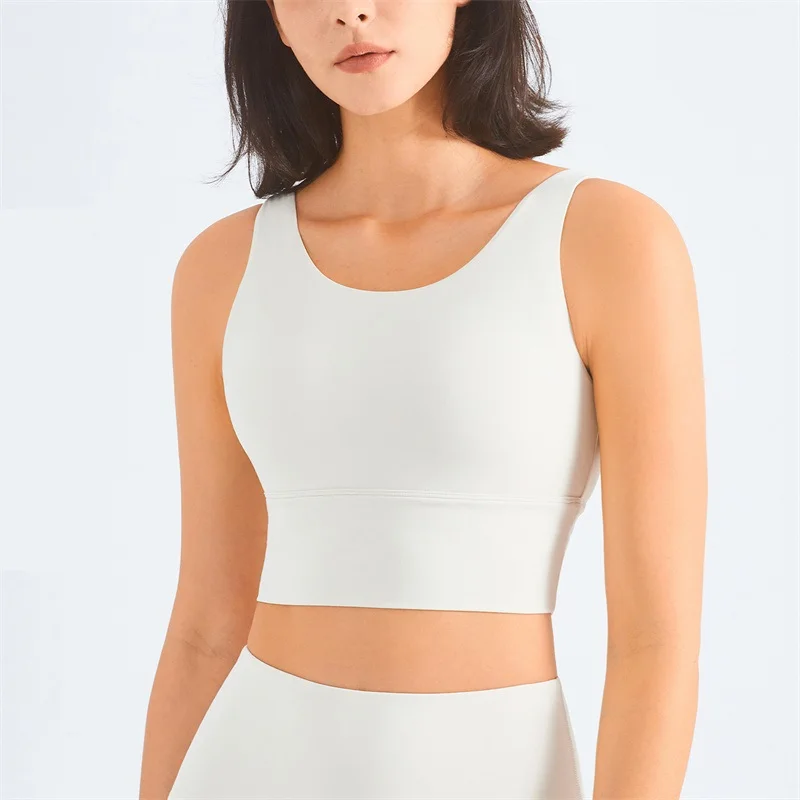 Solid Color Fitness Bra Women Sports Tank Tight Gym Yoga Vest Crop Top Ribbed Square Neck High Collar To Prevent Glare Chest Pad