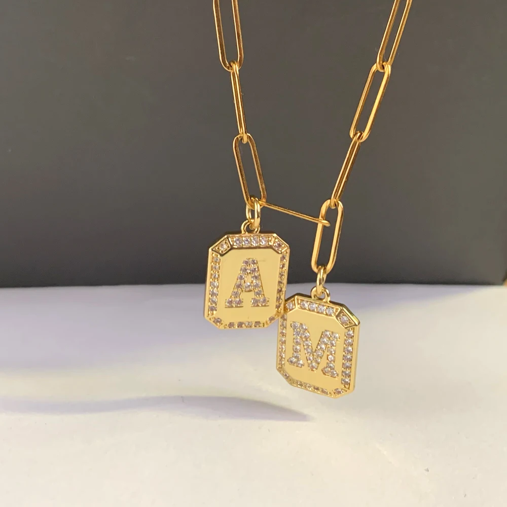 

Customize Alphabet Letters Geometric Pendant Necklace Women Trendy Zircon Charm Gold Color Steel Chain Choker Making Jewelry