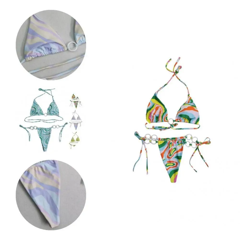 

Beachwear 2 Pcs/Set Chic Small Summer Bathing Suit Halter Neck Swimwear Set Ripple Print for Holiday