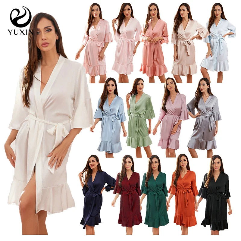 2022 New Satin Robe Ruffled Robe Bride Bridesmaid Robes Bridal Robes Wedding Gown Silk Robes for Women Bathrobe