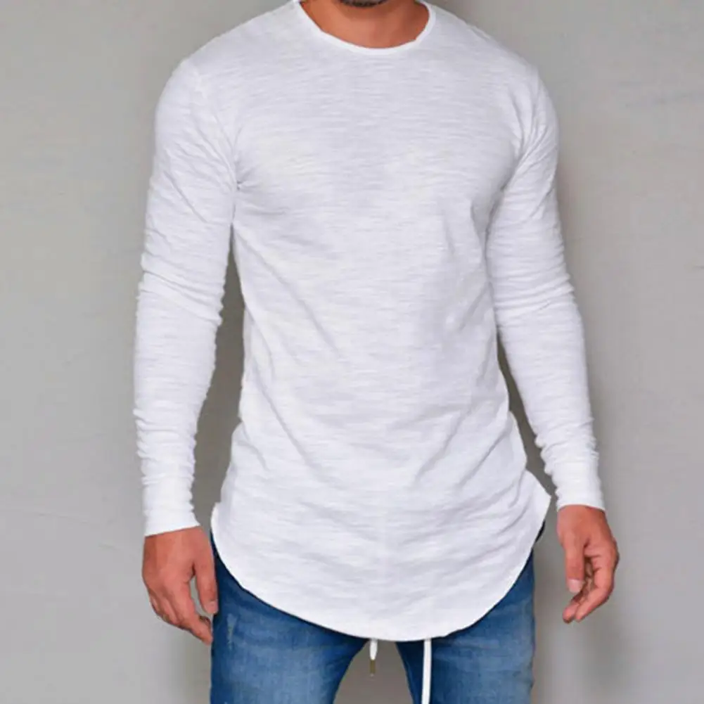 

Dropshipping!! Men T-shirt Solid Color Irregular Bottom Spring Autumn Crew Neck Long Shirt for Daily Wear