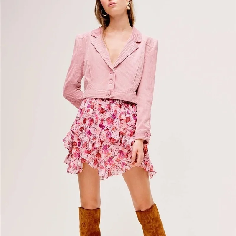 New Pink Corduroy Short Blazer Suit Women Sweet Slim Single Breasted Solid Colors Casual Office Blazer Y2k Retro Cute Streetwear