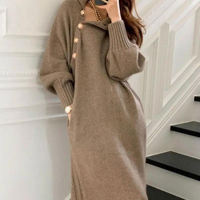 Вязаное платье с высоким воротником женский роскошный стиль длинный свитер