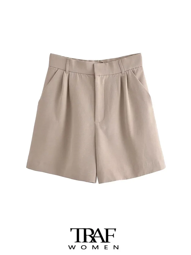 

Шорты-бермуды женские льняные с боковыми карманами и высокой талией