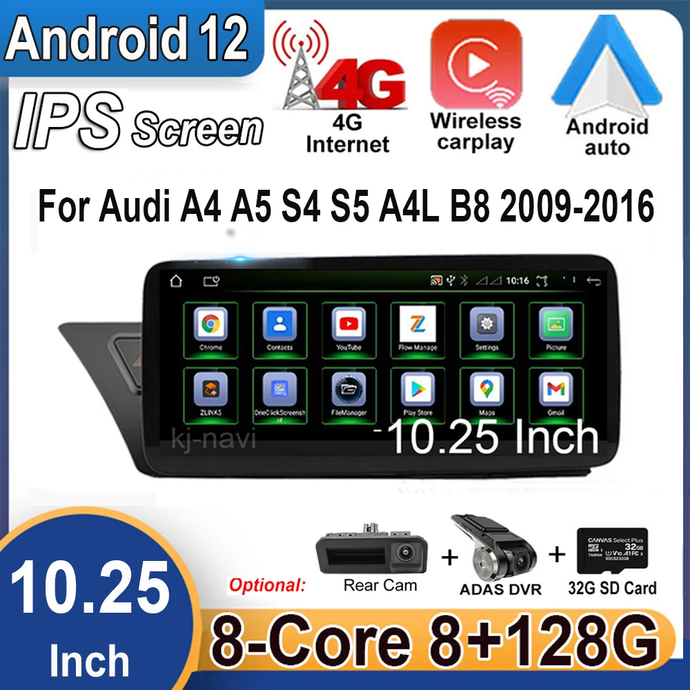 Carplay 10.25 inç Android 12 sistemi araba oyuncu multimedya radyo Stereo GPS navigasyon için Audi A4 A5 S4 S5 A4L B8 2009 - 2016