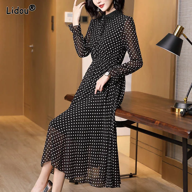 Купи Chiffon Empire Dot Printing Elegant Peter Pan Collar Long Dresses Lace-up Flare Sleeve Spring Summer Bow Ladies Pullover Slim за 1,286 рублей в магазине AliExpress