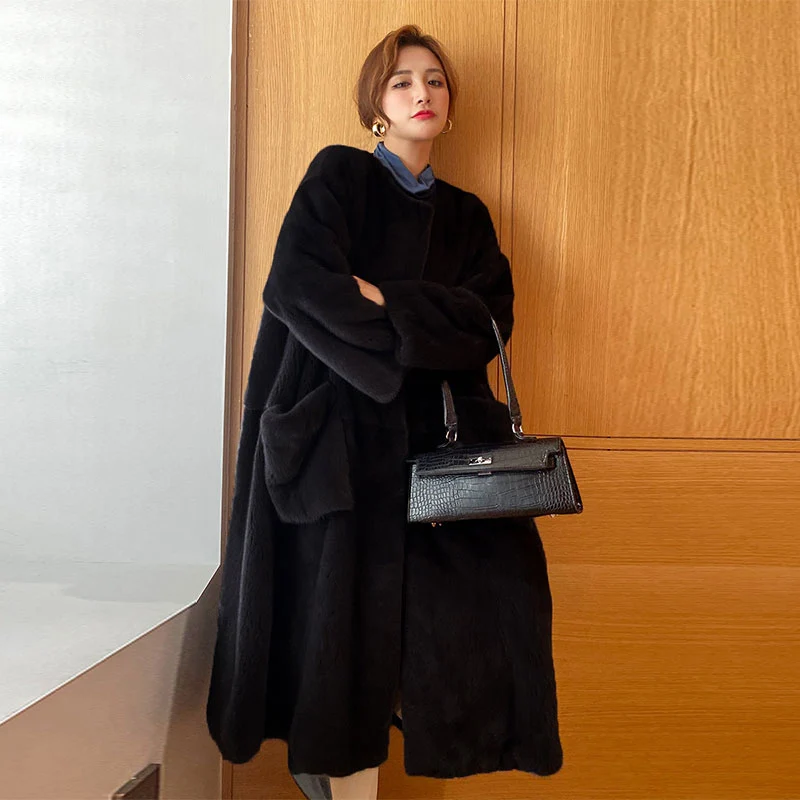 Fashion Round Neck Casual Faux Fur European and American Temperament Coat Women's Coat Loose Mid-length Women 2022 New Winter