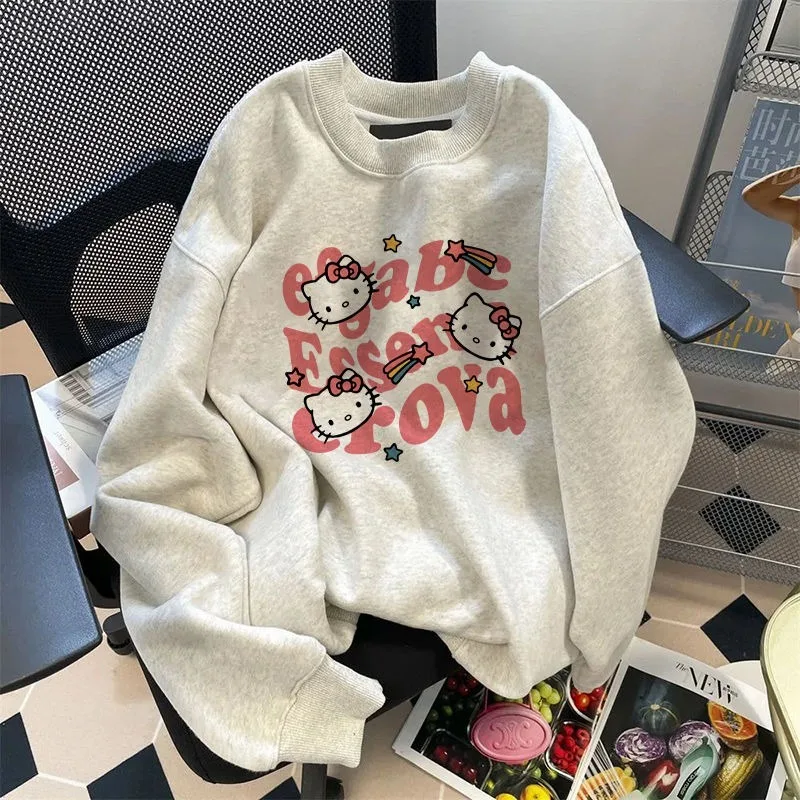 

Kawaii Sanrio Anime Hello Kitty Cotton Hoodie Cute Cartoon Grey Loose Printing Round Neck Thickening Sweet Lovely Tops for Girls