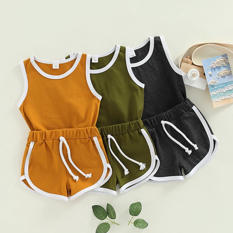 

Toddler Girls Boys 2Pcs Outfits 2022 Summer Cotton Casual Solid Ribbed Tank Tops+Drawstring Elastic Waist Shorts Clothes Set