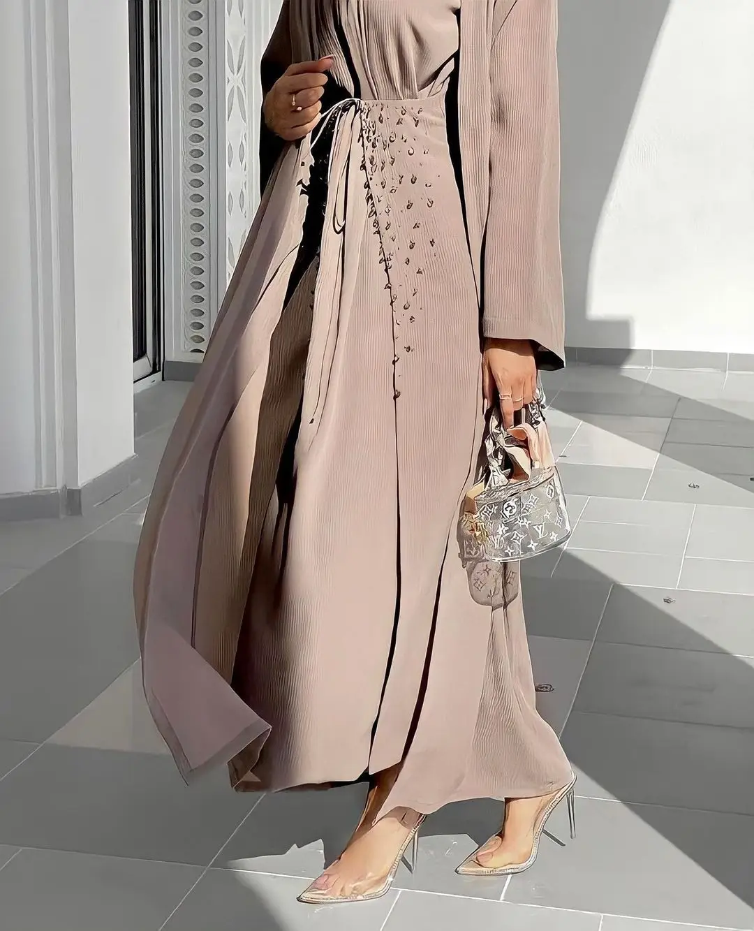 4pcs Matching Muslim Sets Hijab Dress Eid Abayas for Women Dubai Wrinkle Arabic Outfit Islam Open Abaya Kimono Wrap Front Skirt