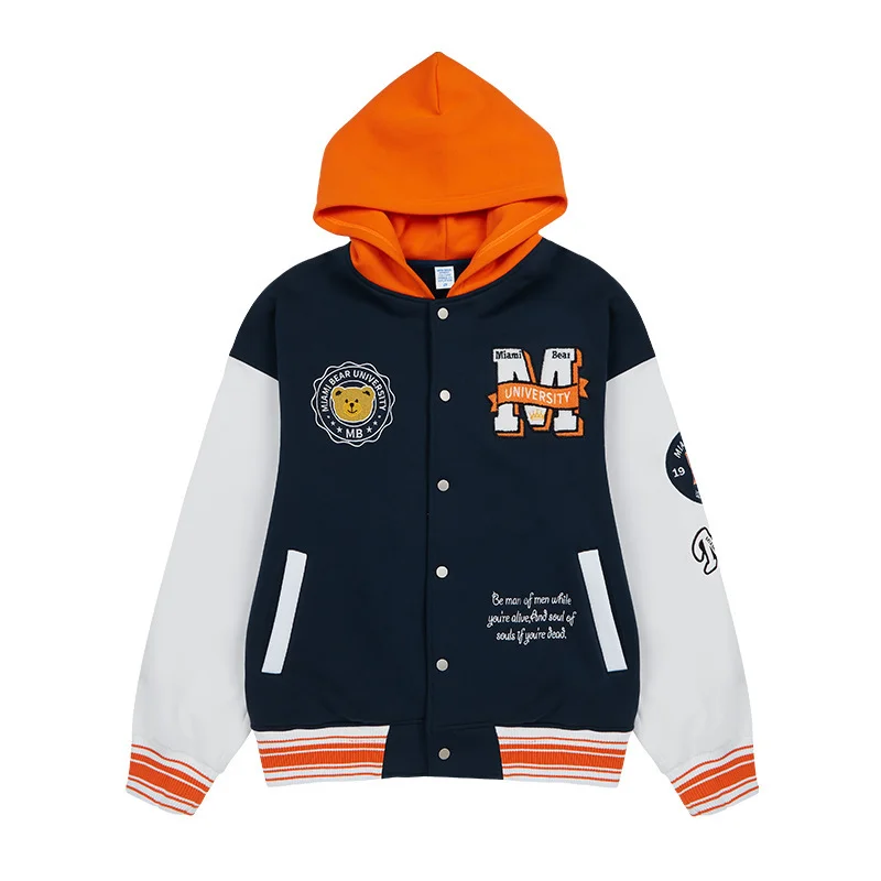 

Polar Fleece Contrast Color Hooded Baseball Uniform Men's Autumn and Winter Bear Embroidery Hoodie Couple Fashion Loose Jacket