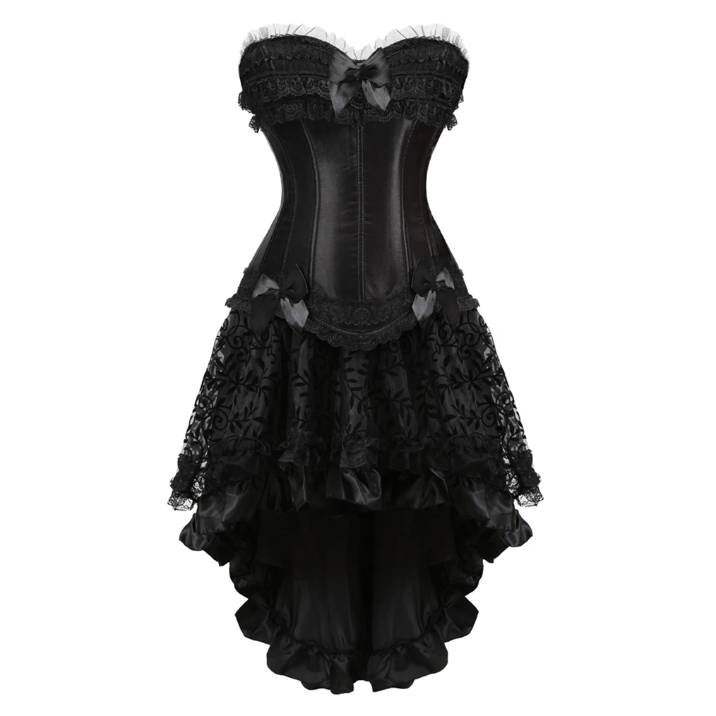 Купи Sexy Gothic Corset Dress Black Satin Palace Overbust Dancer Showgirl Corset Tops + Tu Skirts Dress Waist Cincher Bustier за 742 рублей в магазине AliExpress