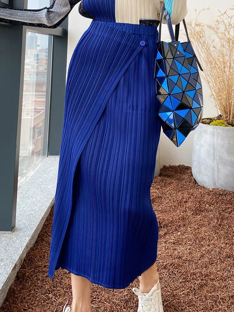 

Elegant Women's Skirts High Waist Solid Green Blue Fashion Pleated Skirt Ladies Irregular Fold Fashion Straight Long Skirt Women