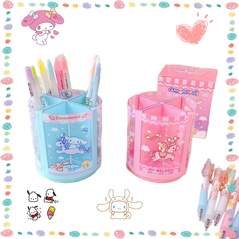 Sanrioed Rotating Pen Container Kawaii Melody Cinnamoroll Anime Brush Pot Desktop Storage Student Stationery Lovely Kids Gift