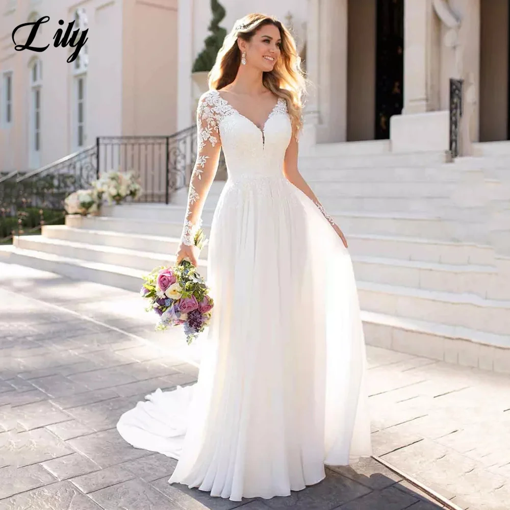 Купи Romantic Illusion A-line Wedding Dress Long Sleeve Chiffon Lace Bride Dresses Robe De Mariee Bridal Gowns Vestidos De Novia за 4,895 рублей в магазине AliExpress