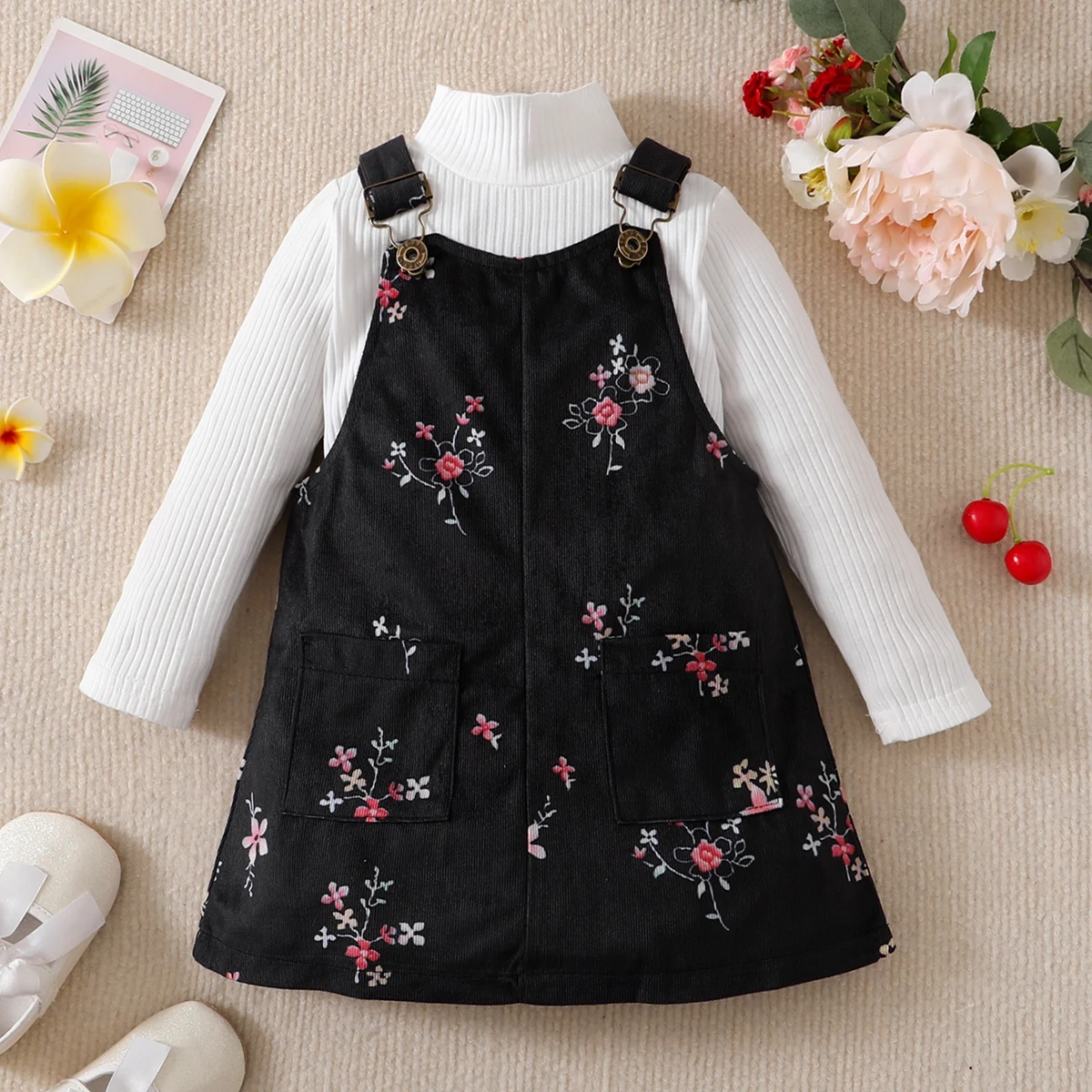 

hibobi Girls Dresses 2PCS Toddler Solid Color T-shirt & Floral Overalls Dress Spring Autumn Children Clothes Girls Outfit