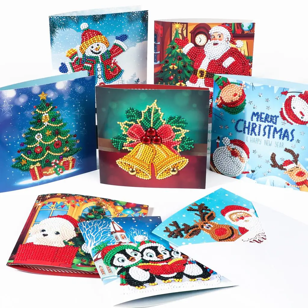 

8PCs Diamond Painting Greeting Cards Cartoon Christmas Birthday Postcards 5D DIY Kids Festival Embroidery Greet Gift Cards Santa