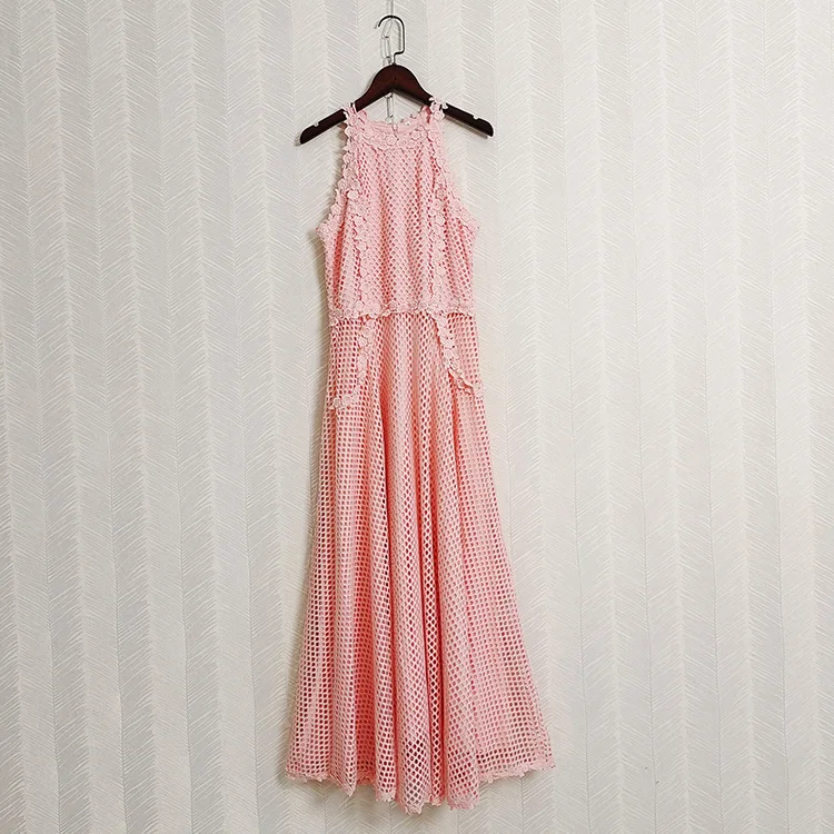 

Pink Color Lace Embroidery Women Ball Gown Dress Halter Sleeveless Tank Hollow Out Lady Evening Party Long Dresses