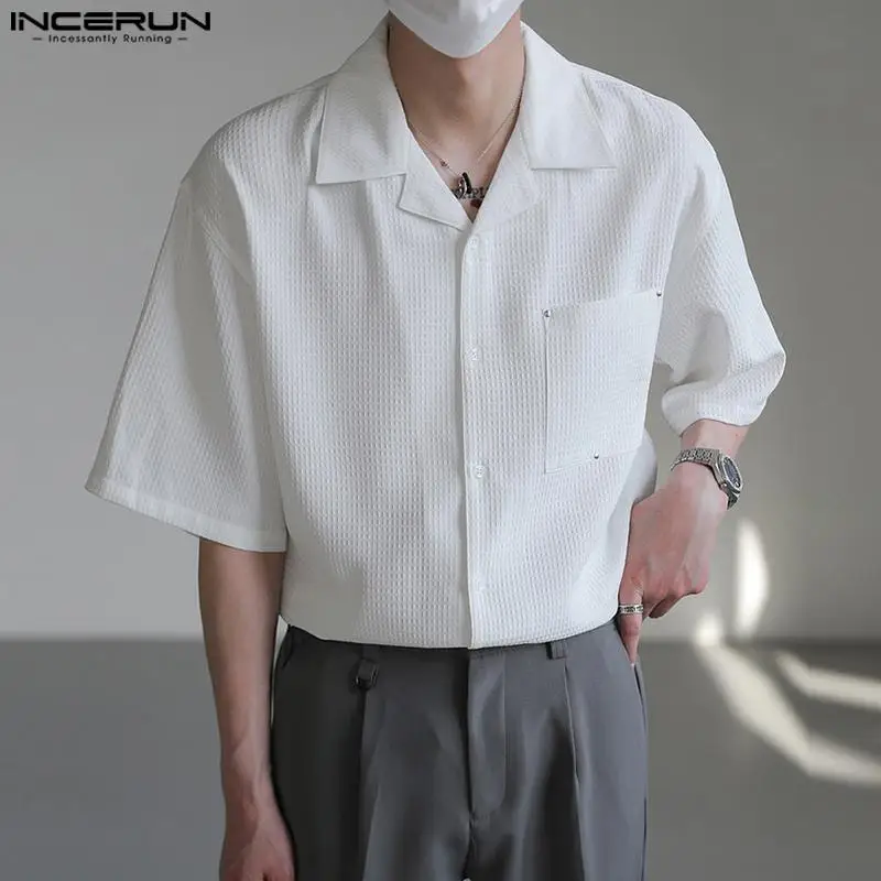 

INCERUN Tops 2023 Korean Style Handsome Men Solid Simple Lapel Shirts Casual Stylish Male Comfortable Short Sleeved Blouse S-5XL