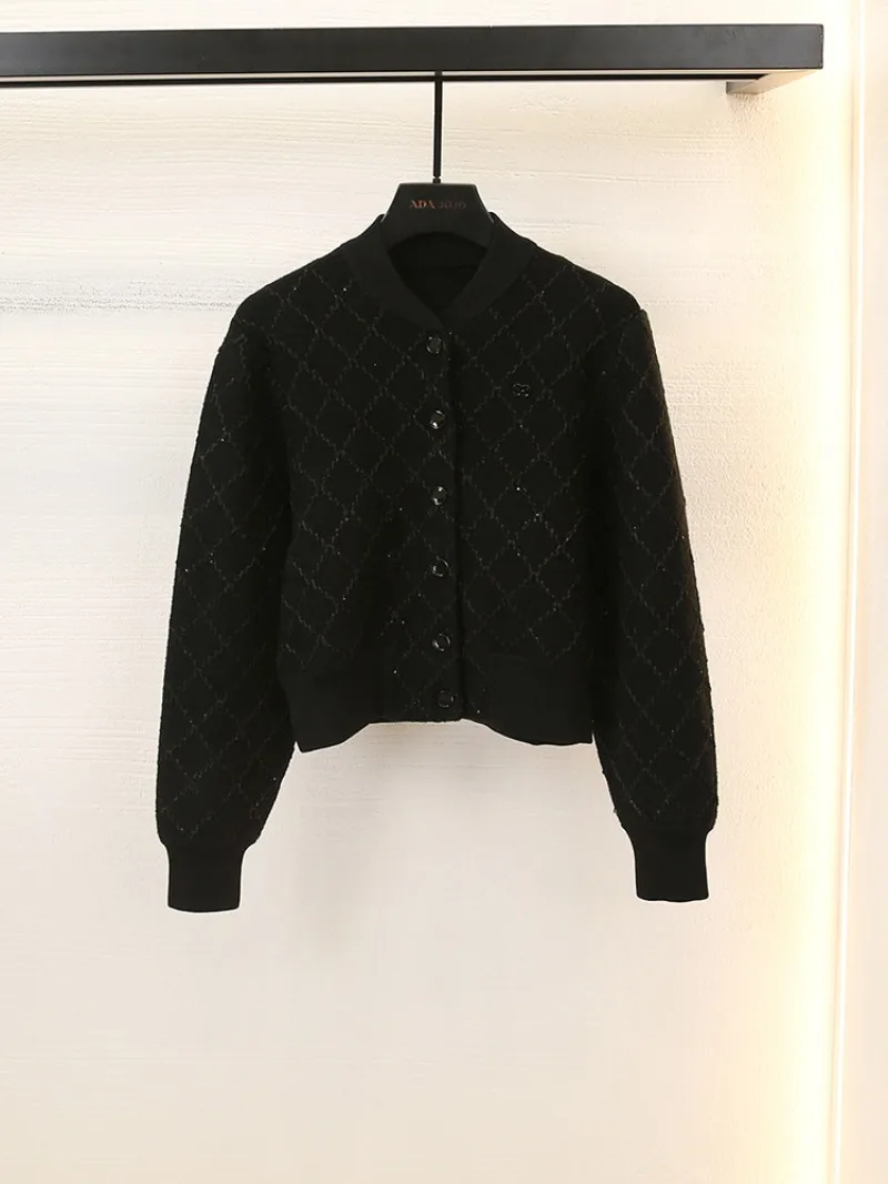 

Double S Label Black Knitted Cardigan 2023 Autumn New Round Neck Diamond Letter Design Short Section Casual Jumper Jacket