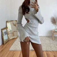 new autumn draped flare sleeve sexy bodycon cut out mini dresses knit round neck ruched dress grey skinny club casual streetwear