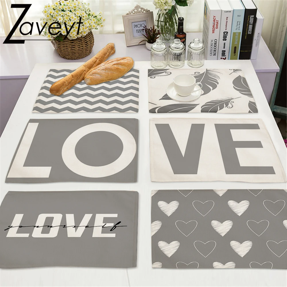 

Valentine's Day Grey Series LOVE letter Heart Placemats For Home Party Table Dining Mats Stripe Feather Linen Decor Tray Mat