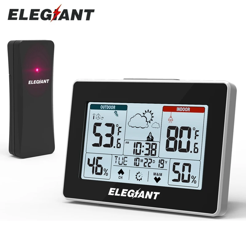 ELEGIANT EOX-9906 Wireless Weather Station Indoor Outdoor Temperature Humidity Sensor LCD Touch Screen Display Alarm Calendar