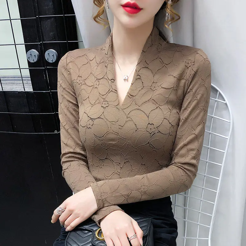 Женская кружевная блузка с V-образным вырезом и длинным рукавом | одежда