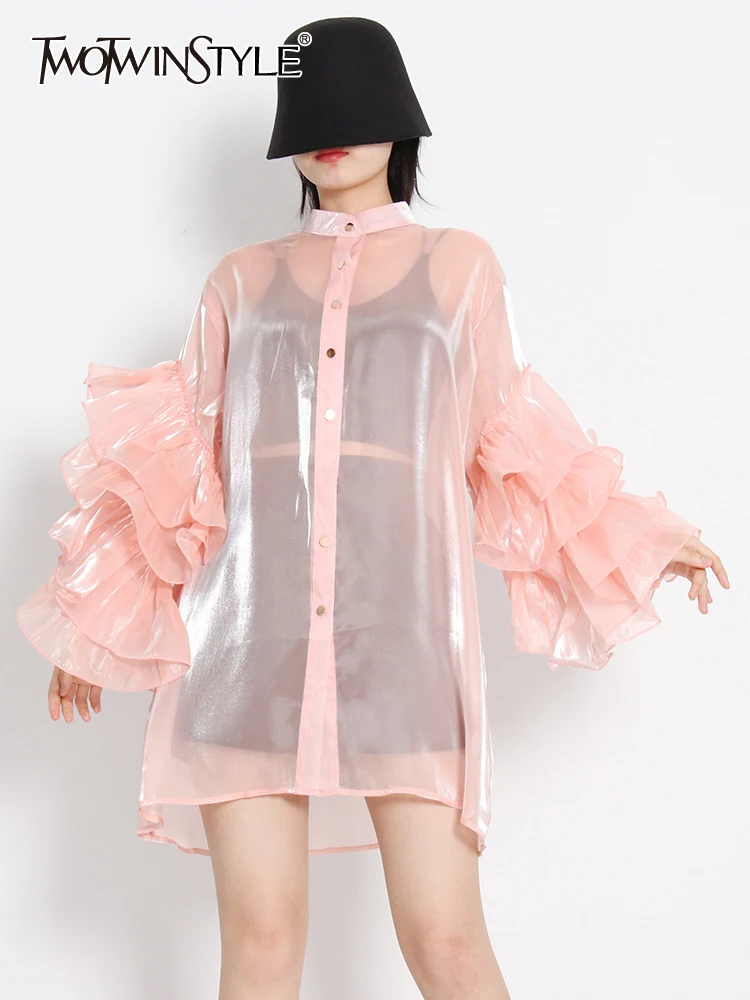 

TWOTWINSTYLE Fold Pleated Shirt For Women Stand Collar Long Sleeve Solid Blouses Female Spring Clothing Fashion Style New 2022